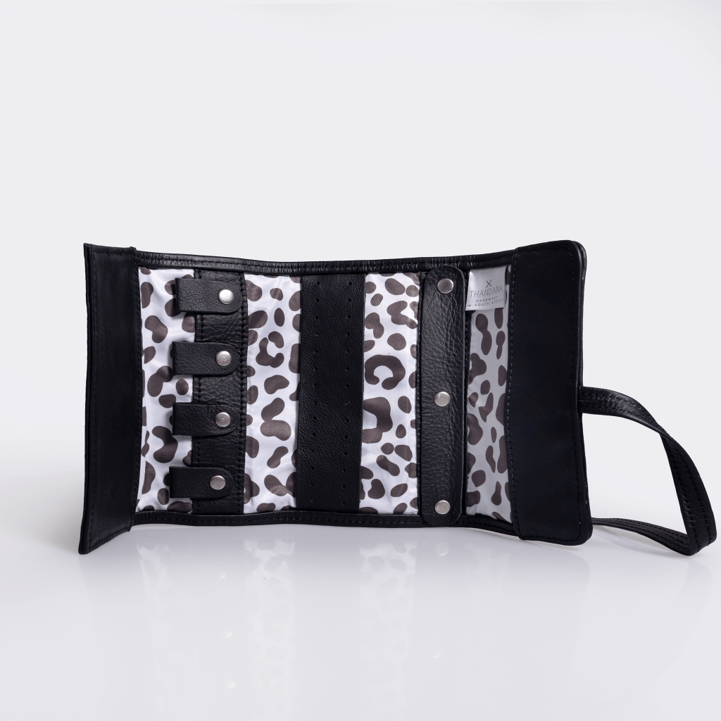 Jewellery Wrap | Genuine Leather Black Leather with Cheetah White Jewellery Wrap by Thandana
