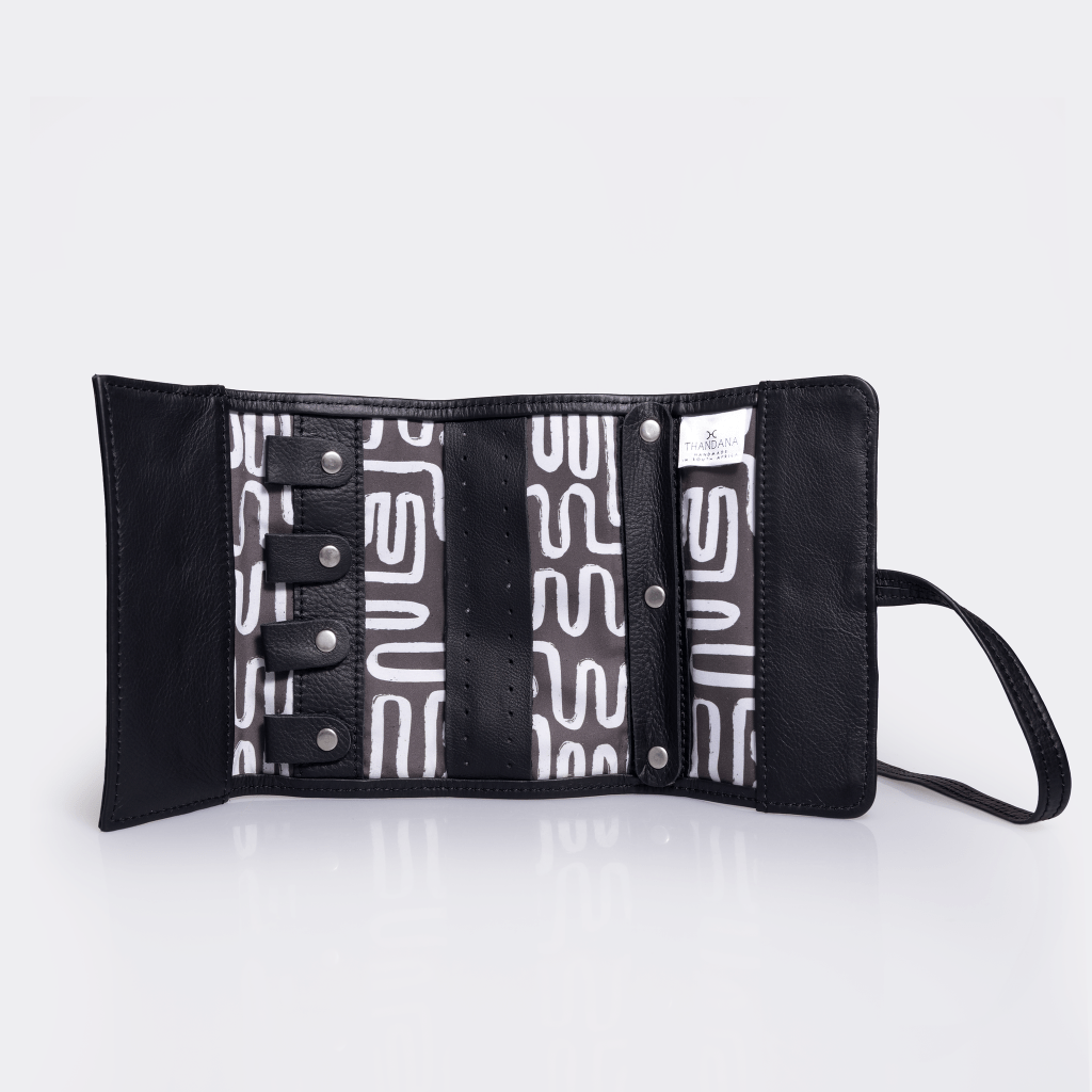 Jewellery Wrap | Genuine Leather Black Leather with Geo Black Jewellery Wrap by Thandana