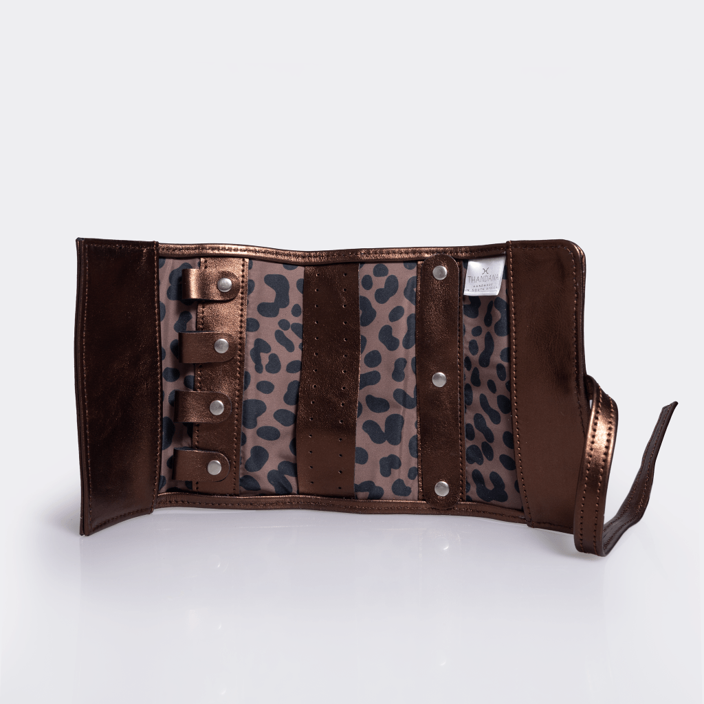 Jewellery Wrap | Genuine Leather Bronze Leather with Cheetah Coffee Jewellery Wrap by Thandana
