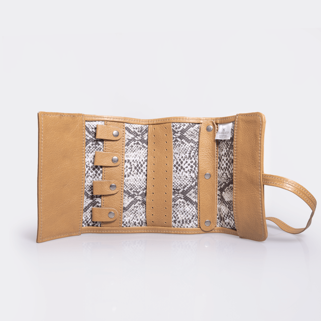 Jewellery Wrap | Genuine Leather Hazelnut Leather with Python Moody Jewellery Wrap by Thandana