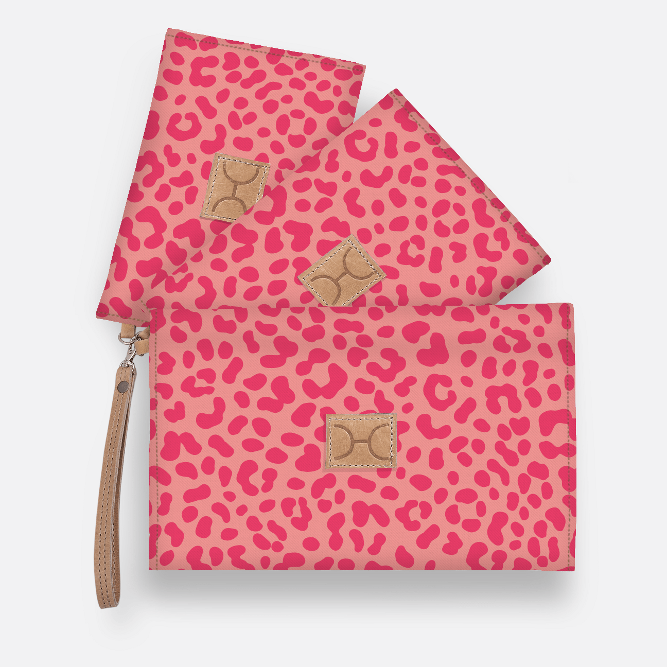Kids Accessory Pouches 3 in 1 | Laminated Fabric with Genuine Leather Cheetah - Pink / Chunky Zip Pouch by Thandana