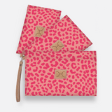 Kids Accessory Pouches 3 in 1 | Laminated Fabric with Genuine Leather Cheetah - Pink / Chunky Zip Pouch by Thandana