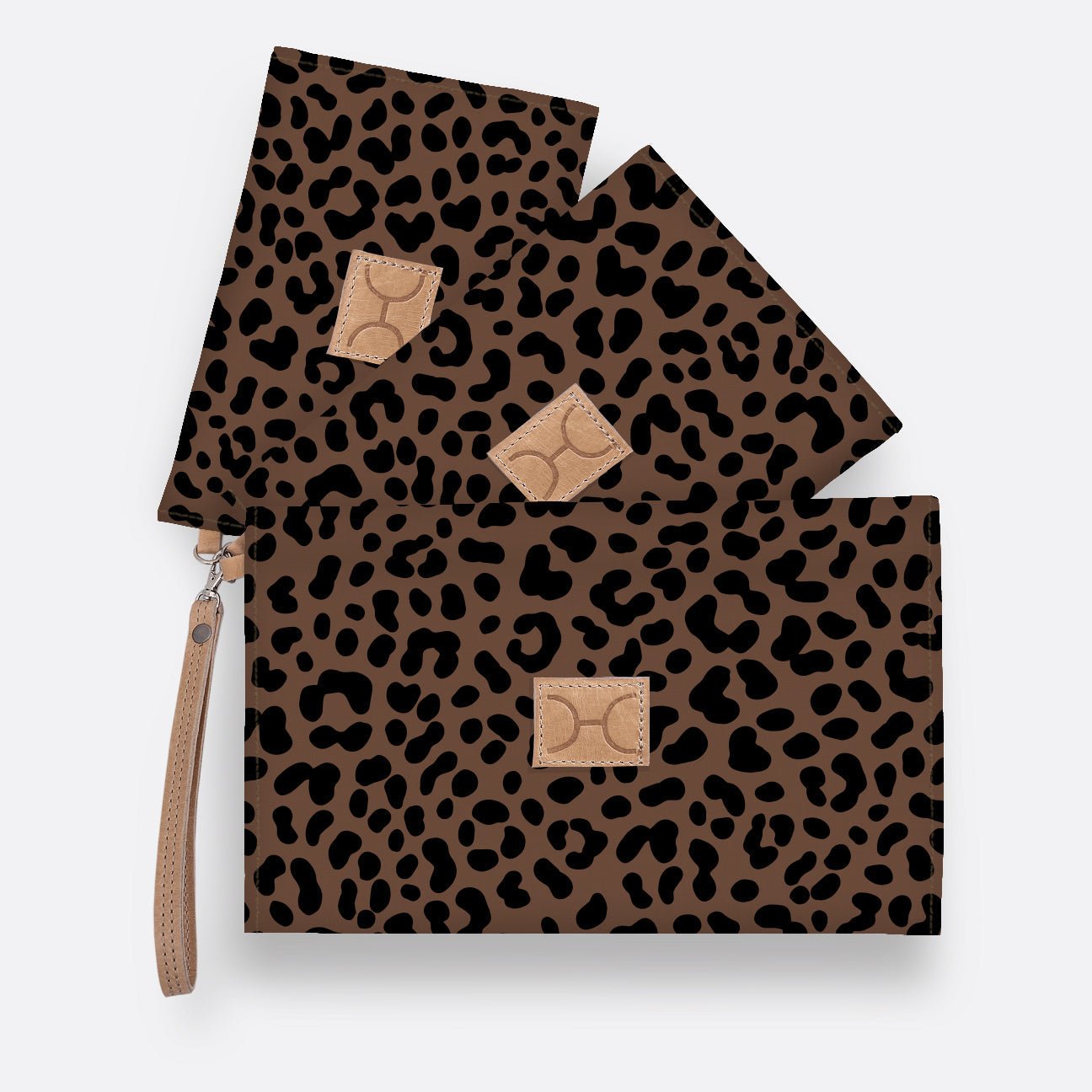 Kids Accessory Pouches 3 in 1 | Laminated Fabric with Genuine Leather Cheetah - Coffee / Chunky Zip Pouch by Thandana