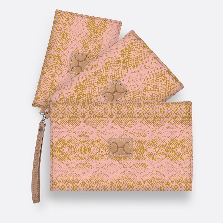 Kids Accessory Pouches 3 in 1 | Laminated Fabric with Genuine Leather Python - Bloom / Chunky Zip Pouch by Thandana