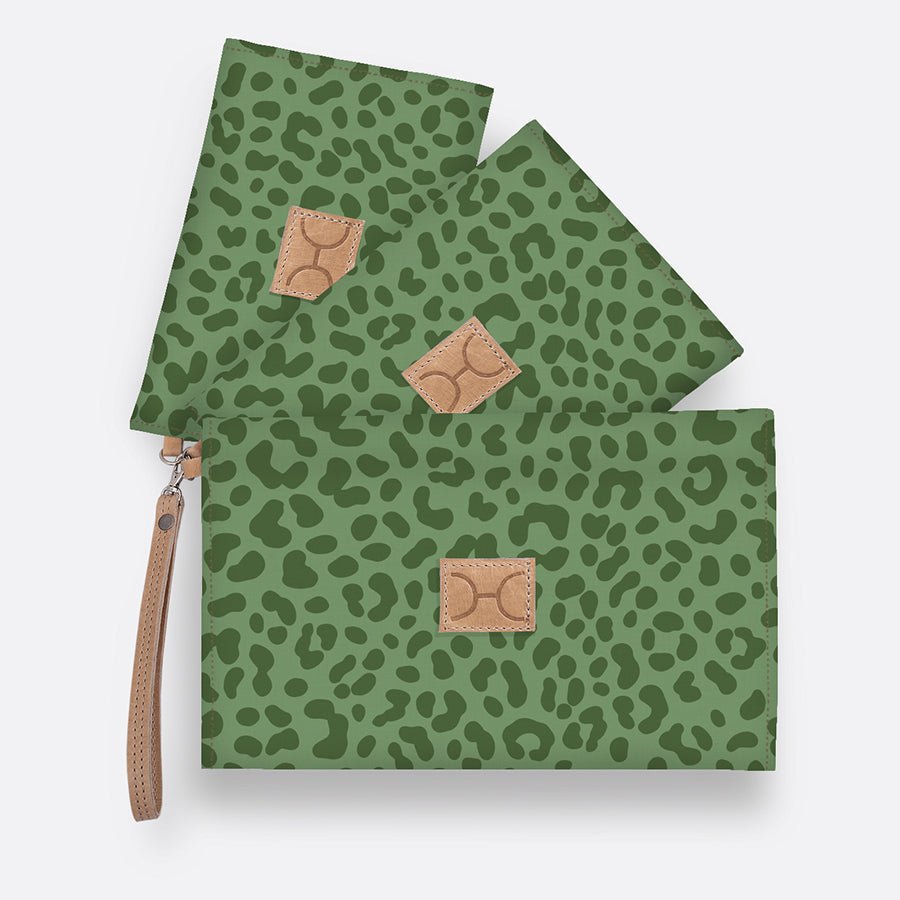 Kids Accessory Pouches 3 in 1 | Laminated Fabric with Genuine Leather Cheetah - Olive / Chunky Zip Pouch by Thandana