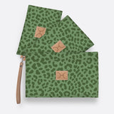 Kids Accessory Pouches 3 in 1 | Laminated Fabric with Genuine Leather Cheetah - Olive / Chunky Zip Pouch by Thandana