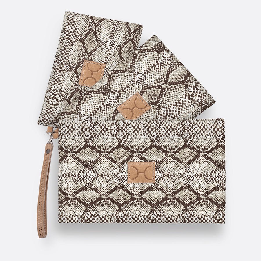 Kids Accessory Pouches 3 in 1 | Laminated Fabric with Genuine Leather Python - Moody / Chunky Zip Pouch by Thandana