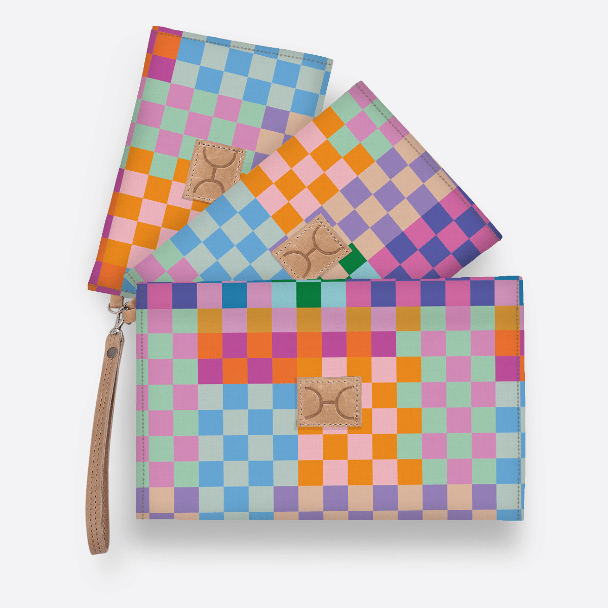 Kids Accessory Pouches 3 in 1 | Laminated Fabric with Genuine Leather Checker - Preppy / Chunky Zip Pouch by Thandana