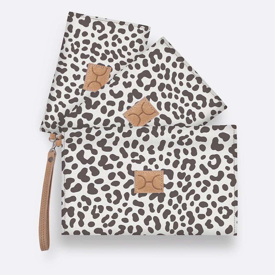 Kids Accessory Pouches 3 in 1 | Laminated Fabric with Genuine Leather Cheetah - White / Chunky Zip Pouch by Thandana