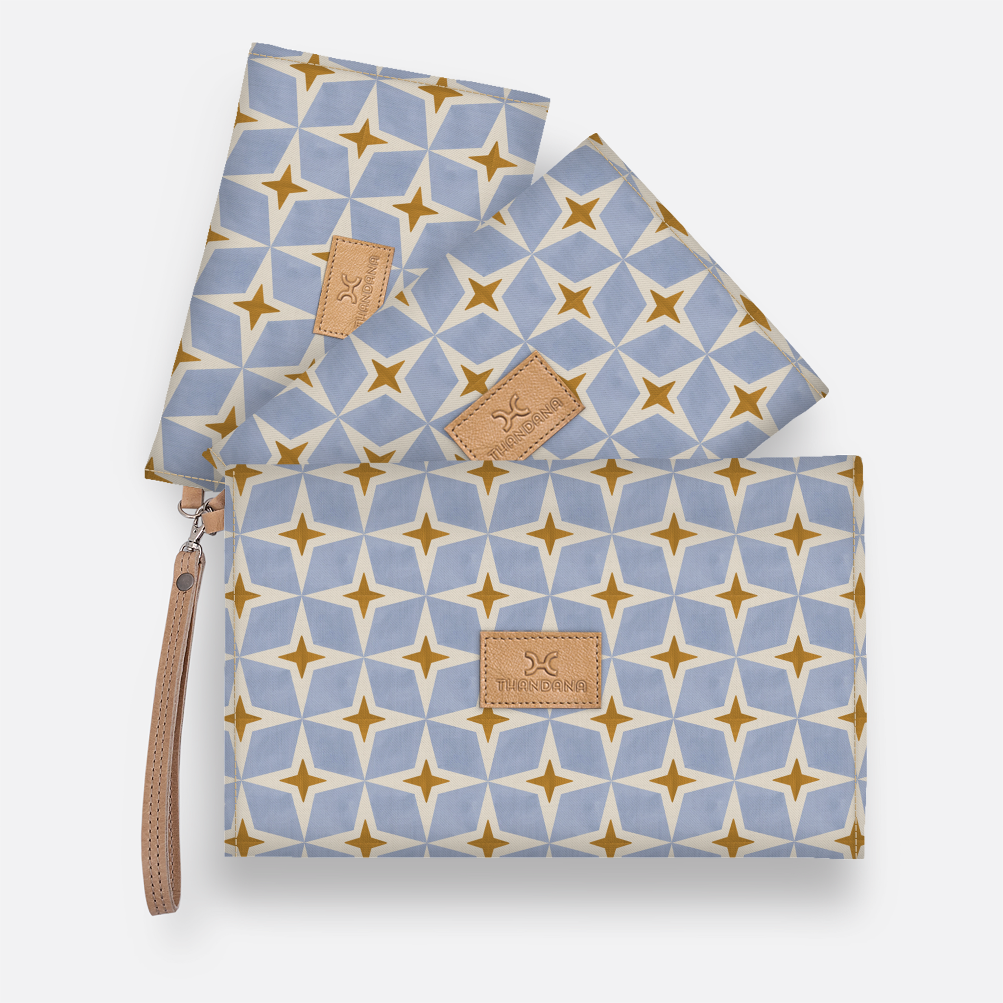 Kids Accessory Pouches 3 in 1 | Laminated Fabric with Genuine Leather Nova - Mist / Chunky Zip Pouch by Thandana