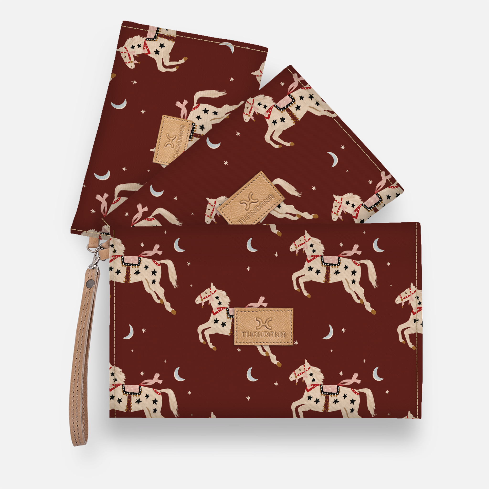 Kids Accessory Pouches 3 in 1 | Laminated Fabric with Genuine Leather Midnight Pony - Cherry / Chunky Zip Pouch