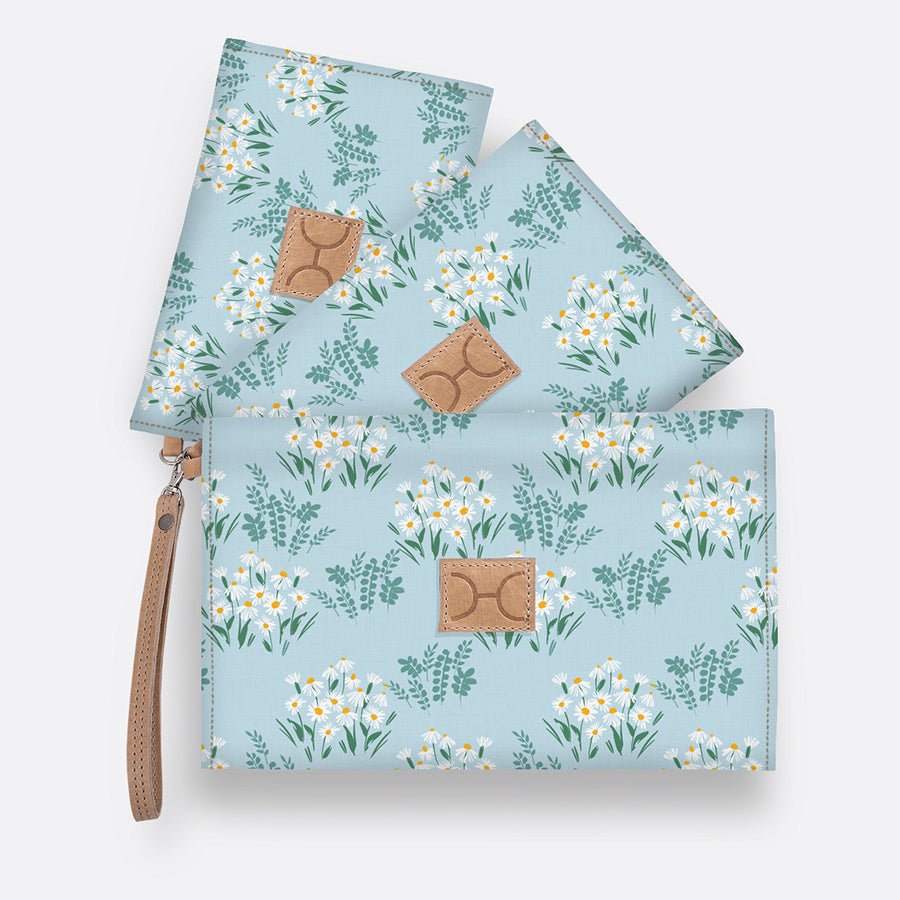 Kids Accessory Pouches 3 in 1 | Laminated Fabric with Genuine Leather Crazy Daisy - Sage / Chunky Zip Pouch by Thandana