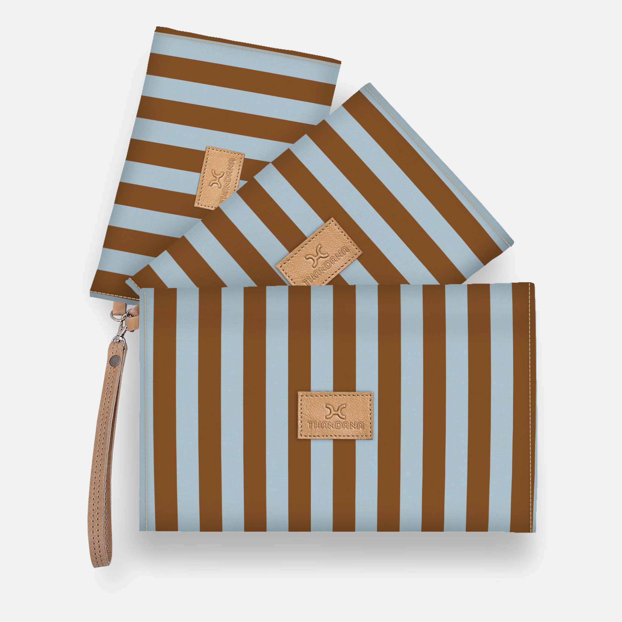 Kids Accessory Pouches 3 in 1 | Laminated Fabric with Genuine Leather Coastal Stripe - Blue / Chunky Zip Pouch