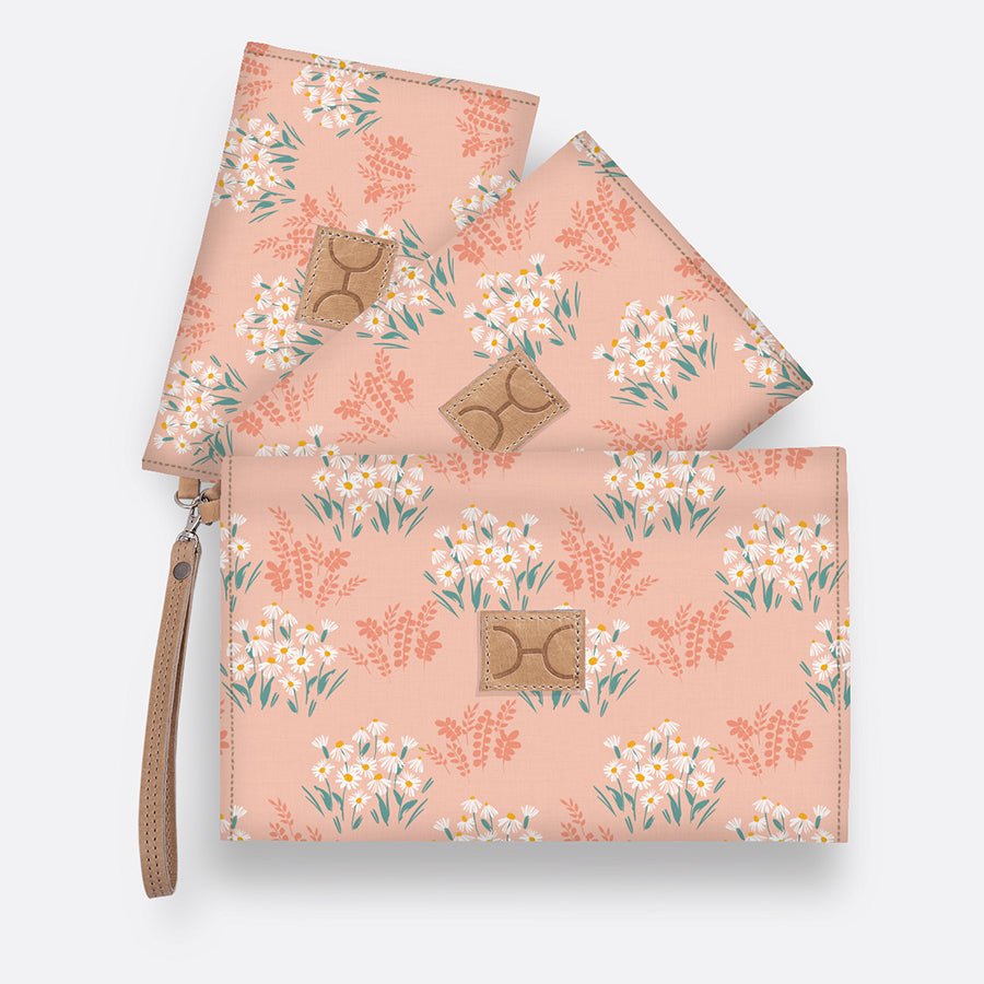Kids Accessory Pouches 3 in 1 | Laminated Fabric with Genuine Leather Crazy Daisy - Blush / Chunky Zip Pouch by Thandana