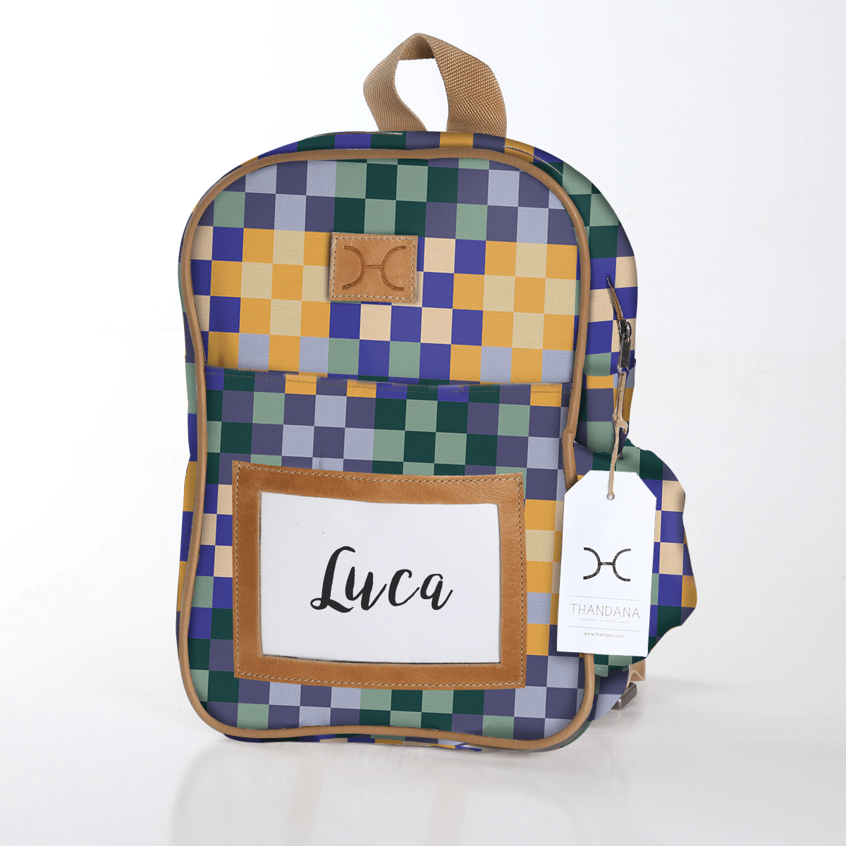 Kids Backpack | Laminated Fabric with Genuine Leather Checker - Jet / Chunky Zip Kids Backpack by Thandana