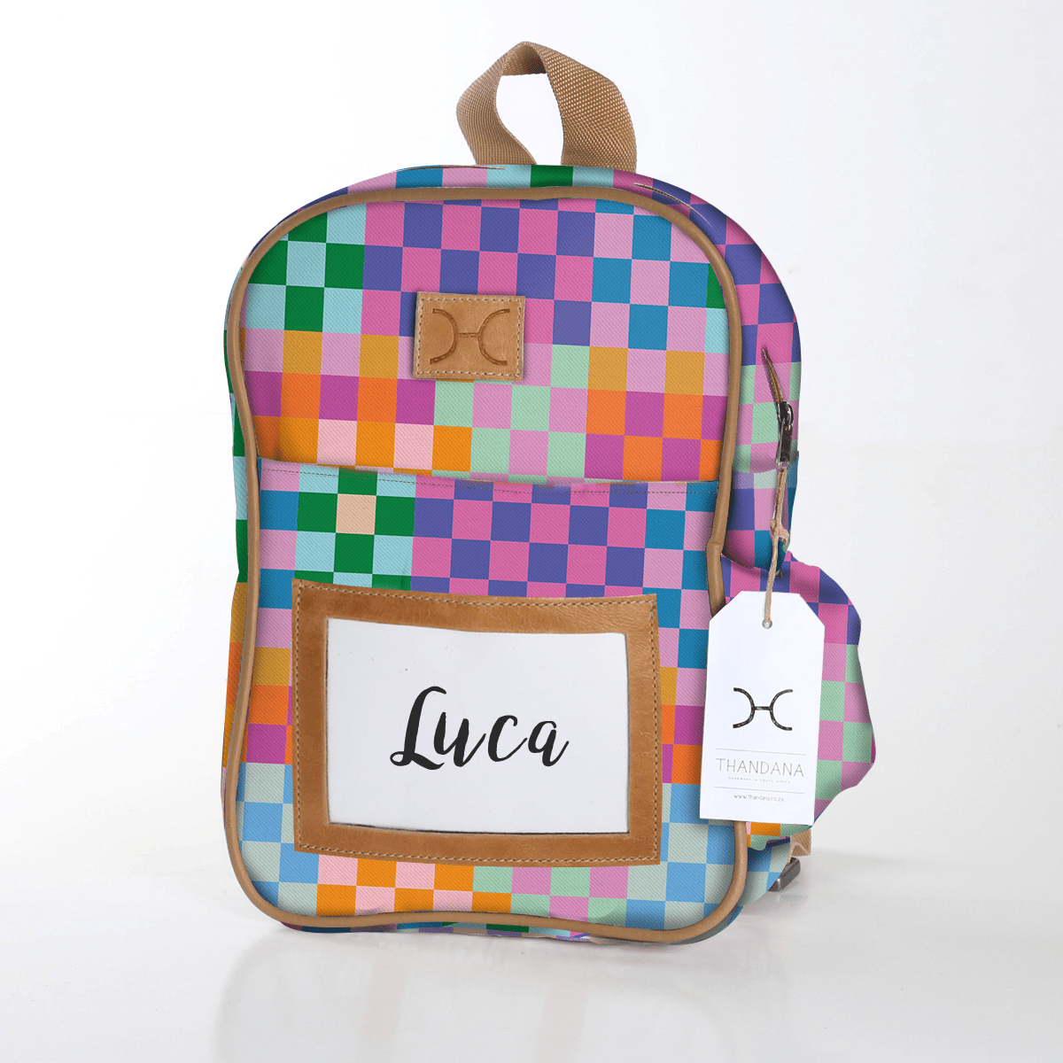 Kids Backpack | Laminated Fabric with Genuine Leather Checker - Preppy / Chunky Zip Kids Backpack by Thandana