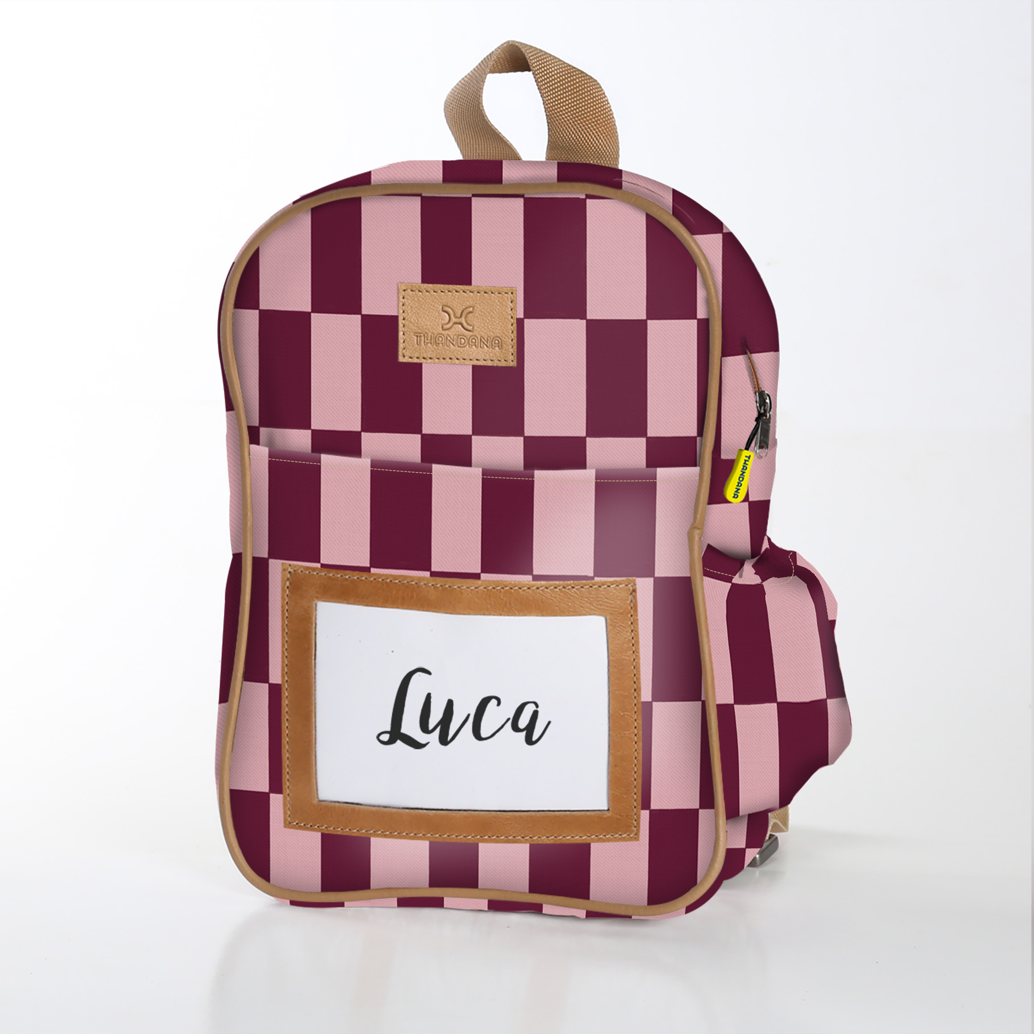 Kids Backpack | Laminated Fabric with Genuine Leather Checkmate - Cherry / Chunky Zip Kids Backpack by Thandana