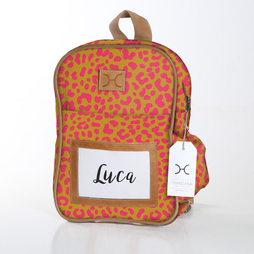 Kids Backpack | Laminated Fabric with Genuine Leather Cheetah - Preppy / Chunky Zip Kids Backpack by Thandana