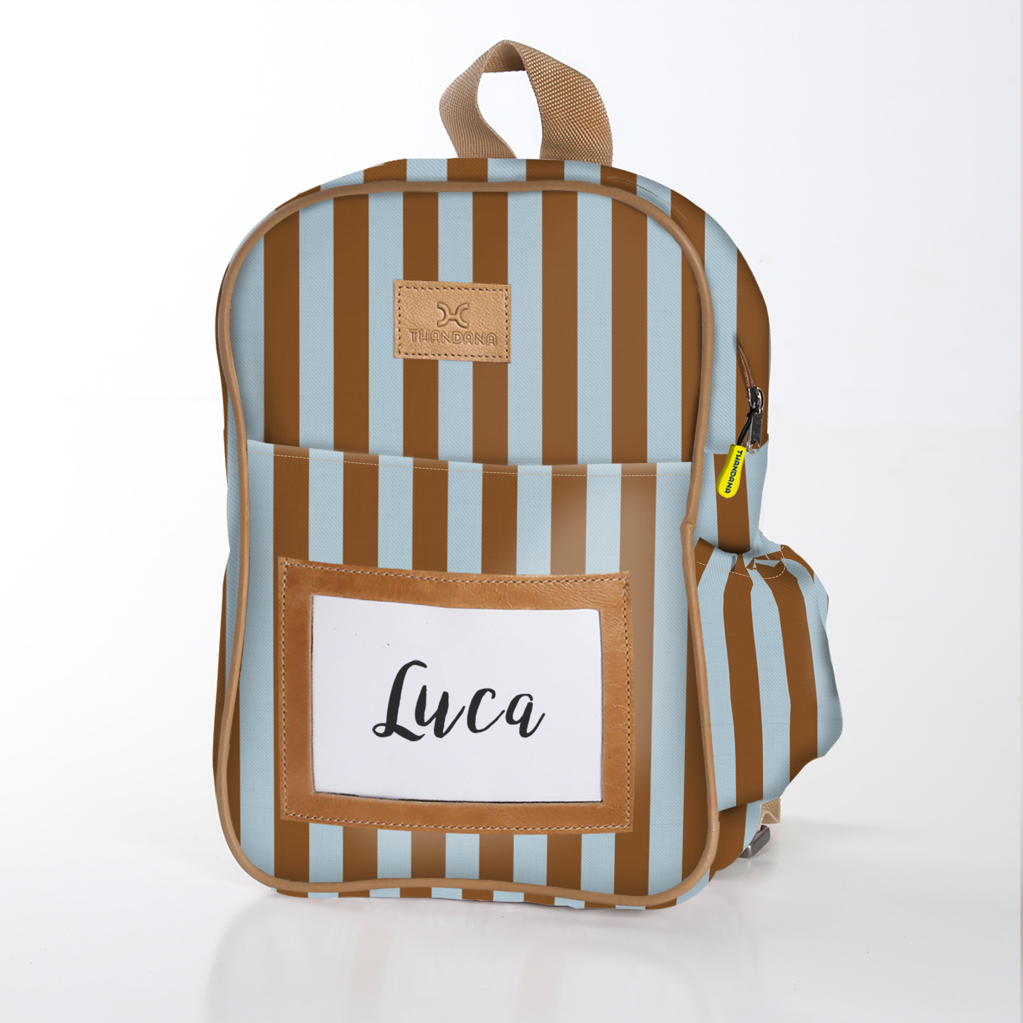 Kids Backpack | Laminated Fabric with Genuine Leather Coastal Stripe - Blue / Chunky Zip Kids Backpack by Thandana