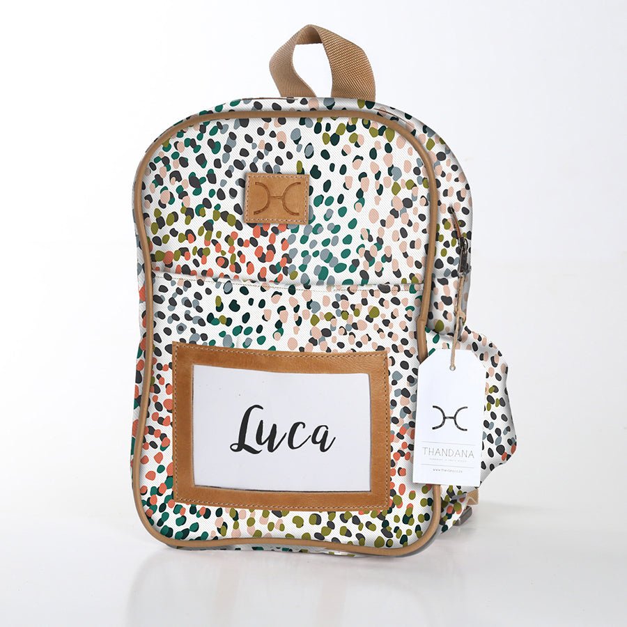 Kids Backpack | Laminated Fabric with Genuine Leather Confetti - All About / Chunky Zip Kids Backpack by Thandana