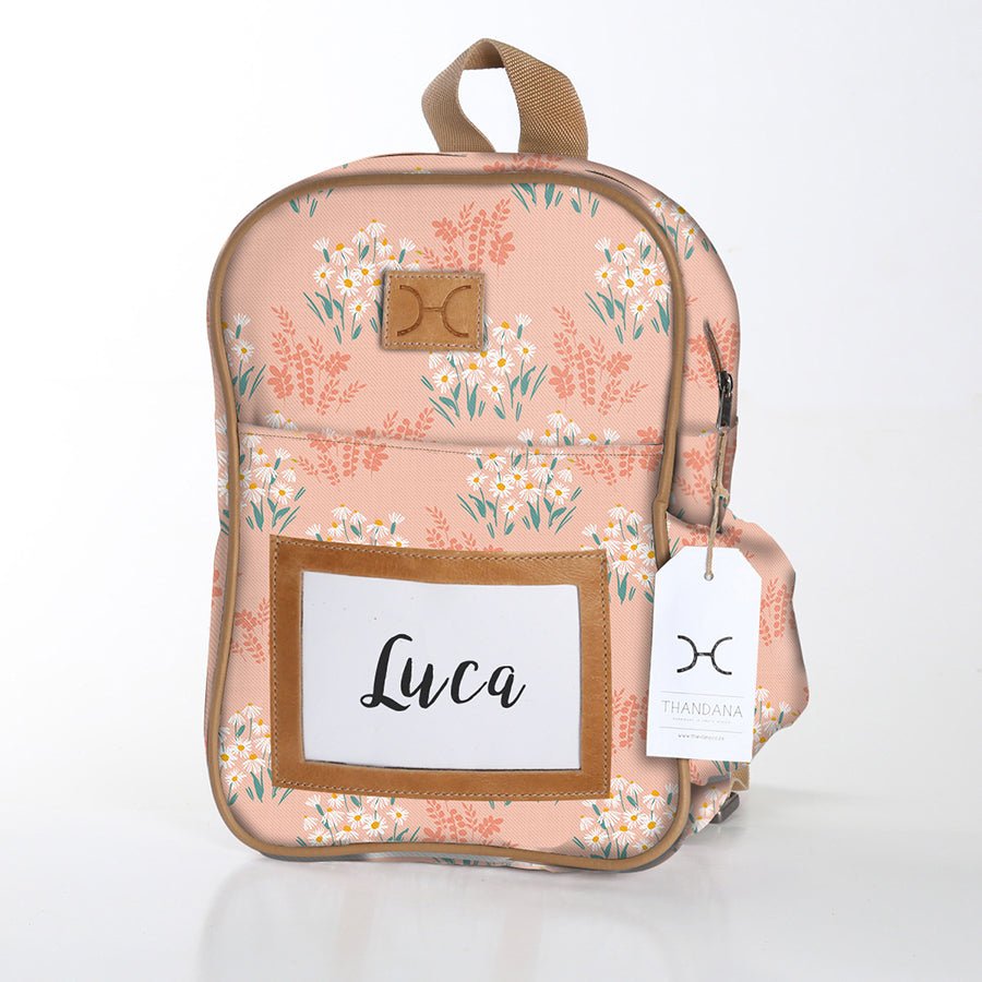 Kids Backpack | Laminated Fabric with Genuine Leather Crazy Daisy - Blush / Chunky Zip Kids Backpack by Thandana