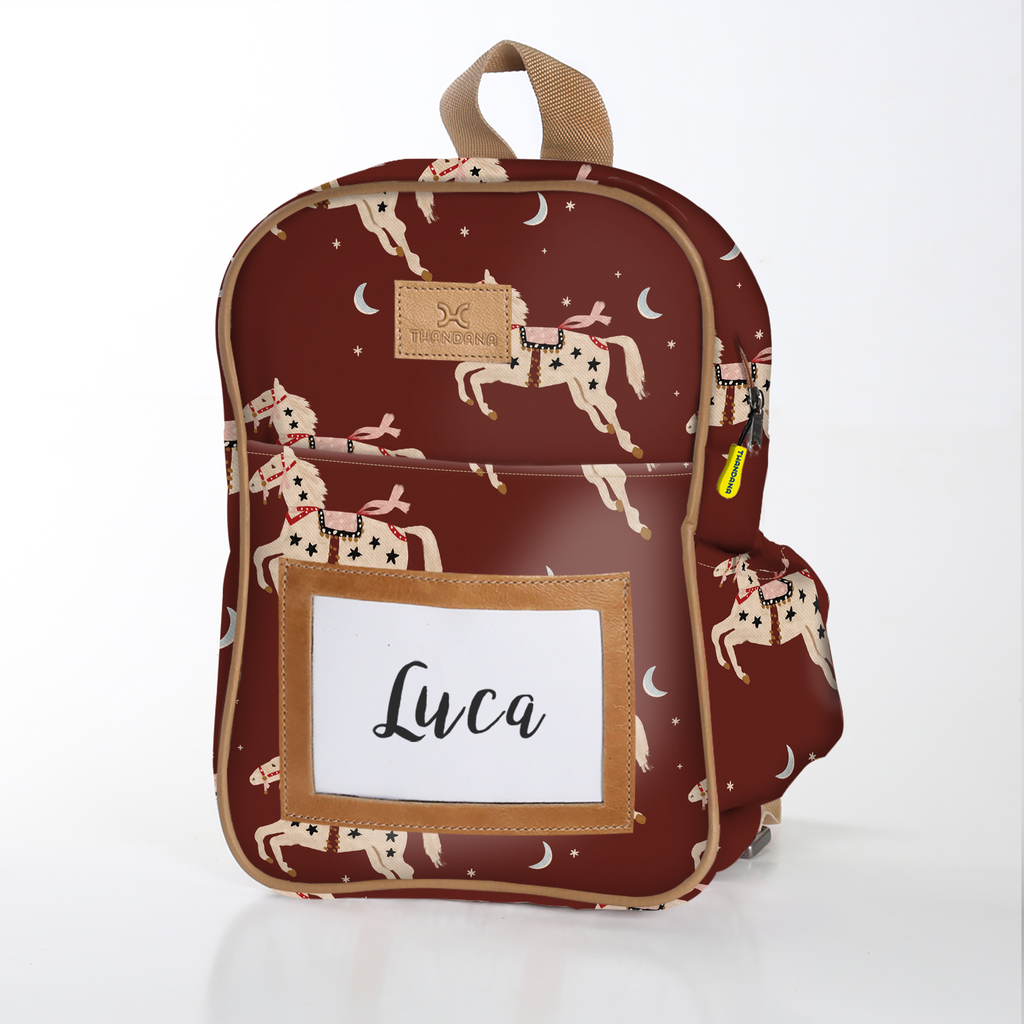 Kids Backpack | Laminated Fabric with Genuine Leather Midnight Pony - Cherry / Chunky Zip Kids Backpack by Thandana