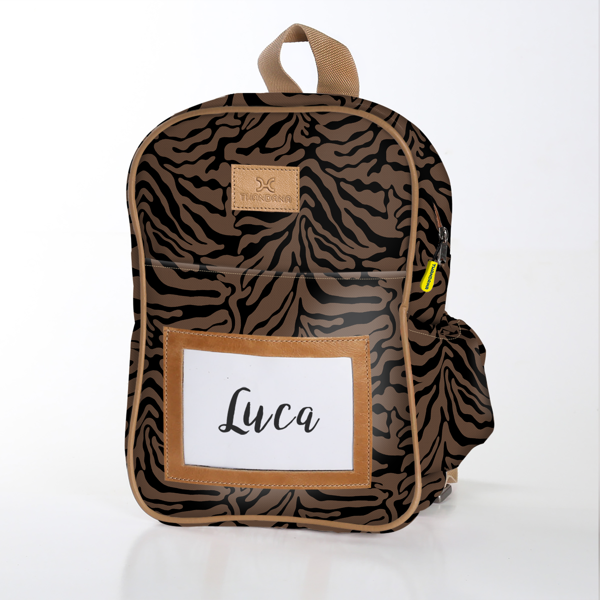 Kids Backpack | Laminated Fabric with Genuine Leather Nomad Stripe - Coffee / Chunky Zip Kids Backpack by Thandana