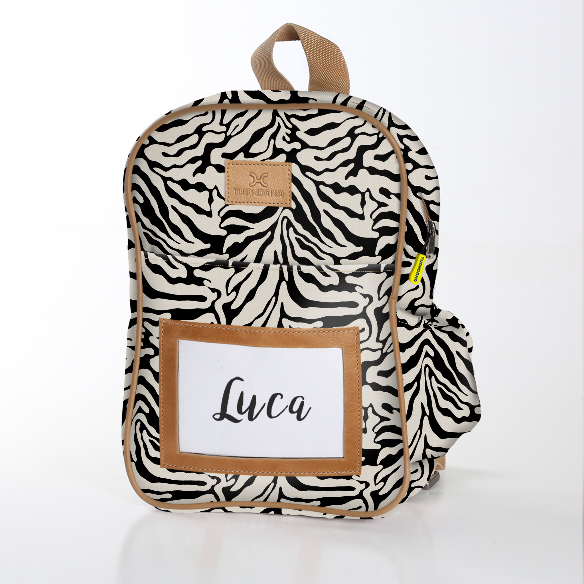 Kids Backpack | Laminated Fabric with Genuine Leather Nomad Stripe - Pitch / Chunky Zip Kids Backpack by Thandana