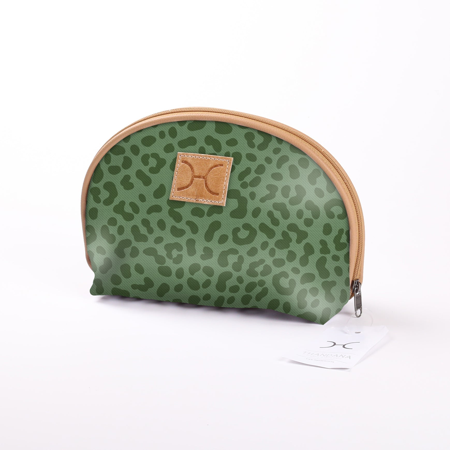 Kids Big Mouth Bag | Laminated Fabric Cheetah - Olive / Chunky Zip Make Up Fabric Bag by Thandana