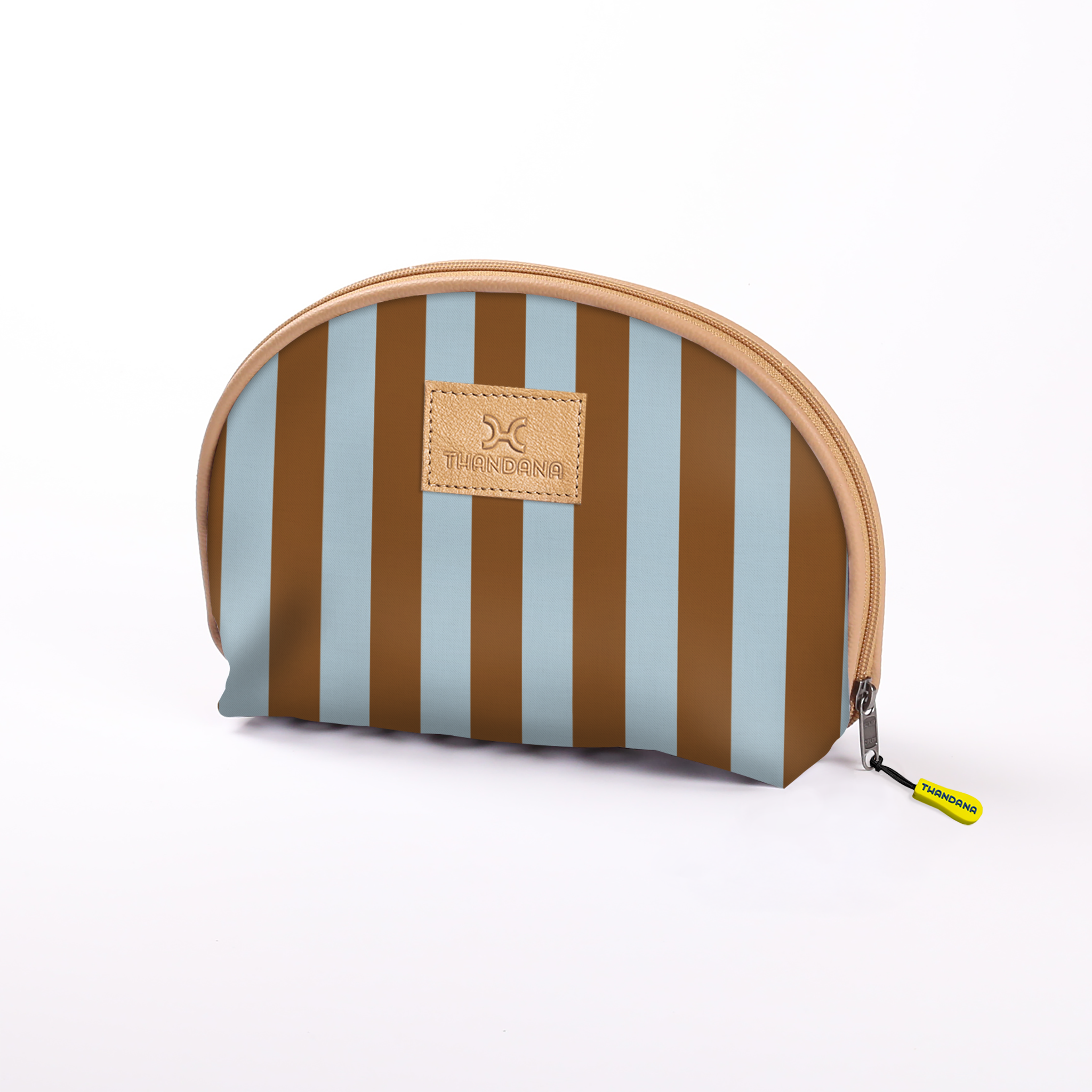 Kids Big Mouth Bag | Laminated Fabric Coastal Stripe - Blue / Chunky Zip Make Up Fabric Bag by Thandana