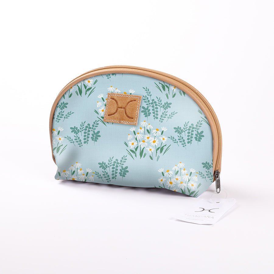 Kids Big Mouth Bag | Laminated Fabric Crazy Daisy - Sage / Chunky Zip Make Up Fabric Bag by Thandana