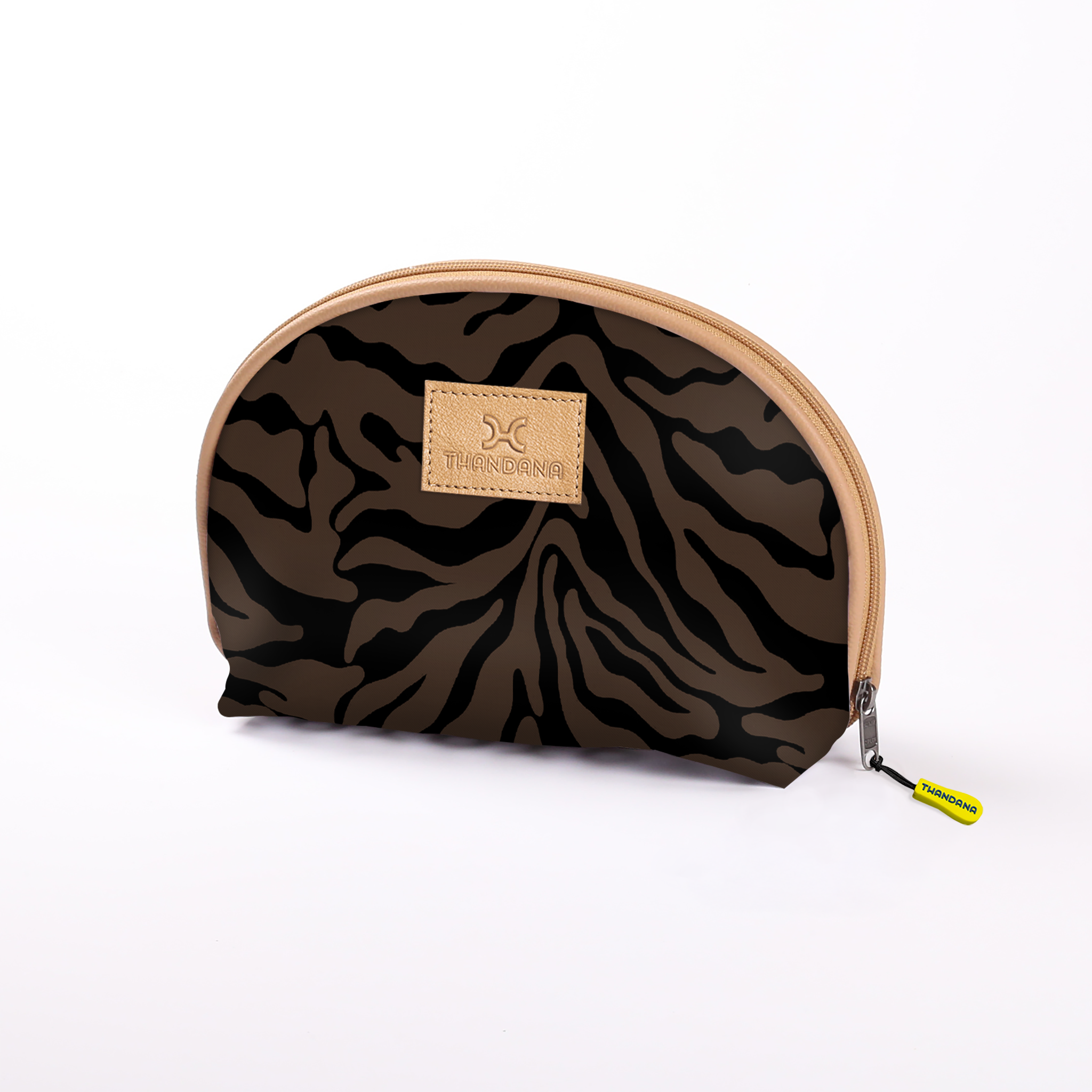 Kids Big Mouth Bag | Laminated Fabric Nomad Stripe - Coffee / Chunky Zip Make Up Fabric Bag by Thandana