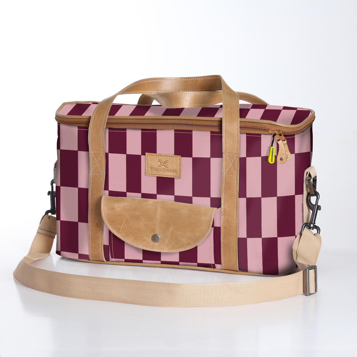 Kids Caddy Cooler | Laminated Fabric with Genuine Leather Checkmate - Cherry / Chunky Zip Caddy Cooler by Thandana