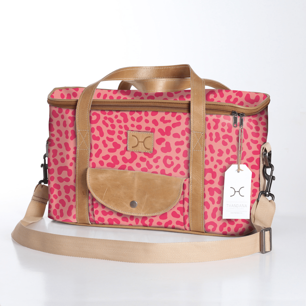 Kids Caddy Cooler | Laminated Fabric with Genuine Leather Cheetah - Pink / Chunky Zip Caddy Cooler by Thandana