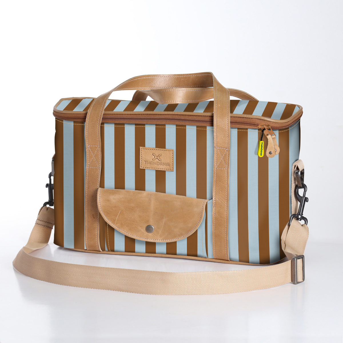 Kids Caddy Cooler | Laminated Fabric with Genuine Leather Coastal Stripe - Blue / Chunky Zip Caddy Cooler by Thandana