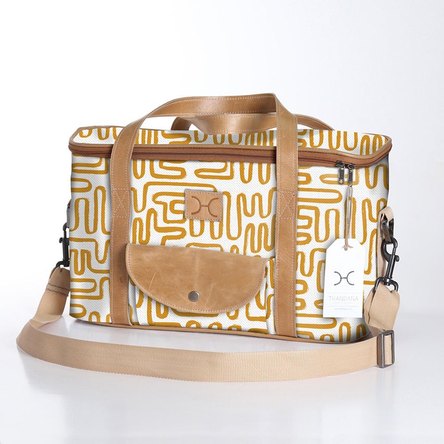Kids Caddy Cooler | Laminated Fabric with Genuine Leather Geo - Sand / Chunky Zip Caddy Cooler by Thandana