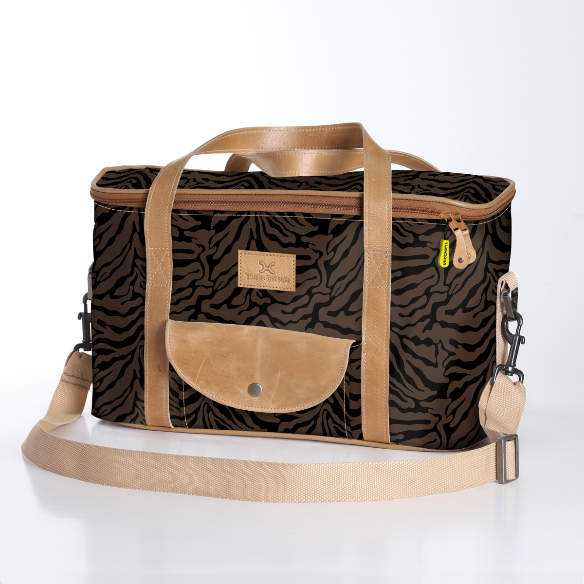 Kids Caddy Cooler | Laminated Fabric with Genuine Leather Nomad Stripe - Coffee / Chunky Zip Caddy Cooler by Thandana