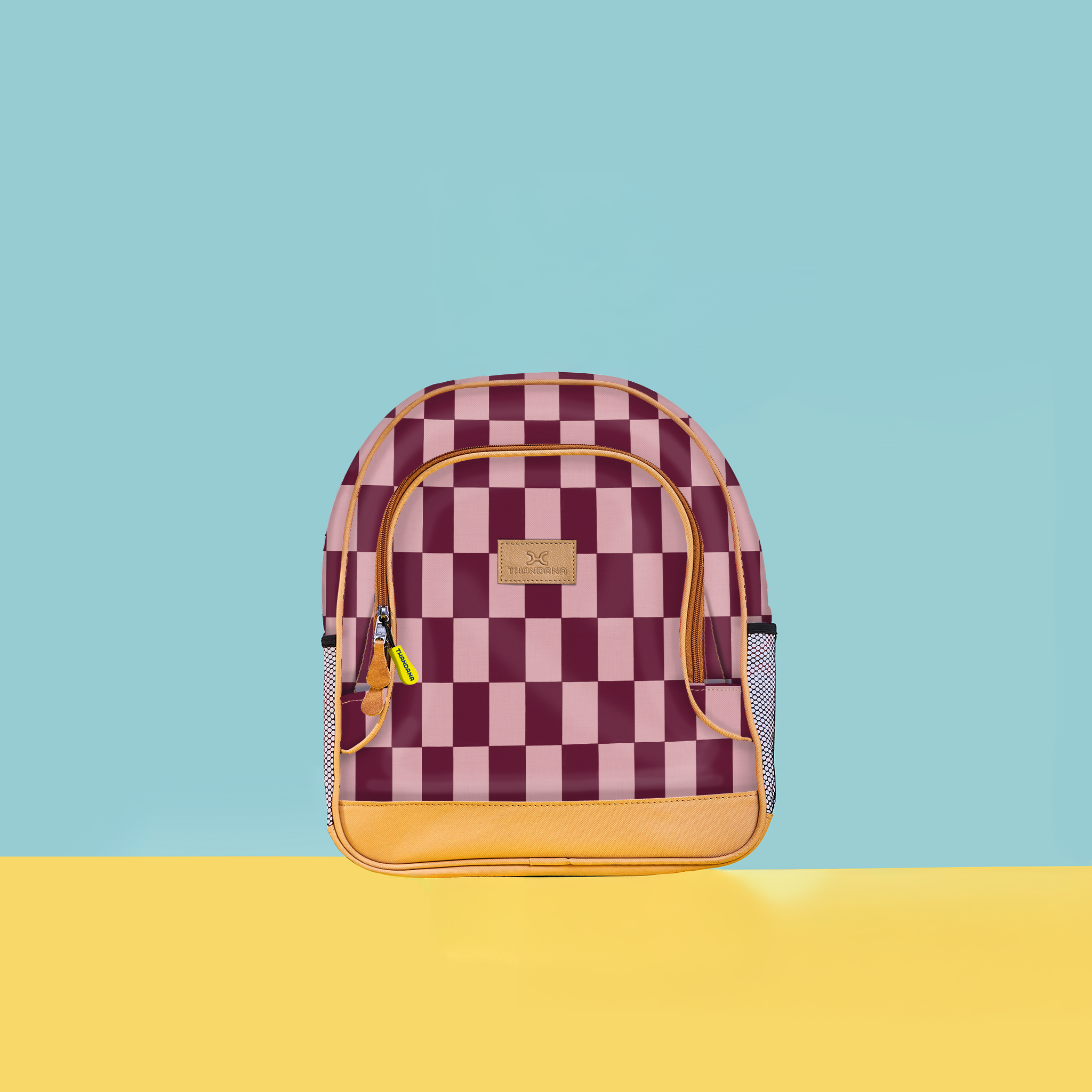 Kids Chubbie Backpack | Laminated Fabric Checkmate - Cherry Kids Backpack by Thandana