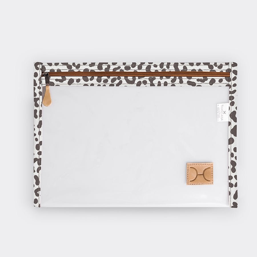 Kids Clear A4 Pouch | Laminated Fabric Cheetah - White / Chunky Zip Pouch by Thandana