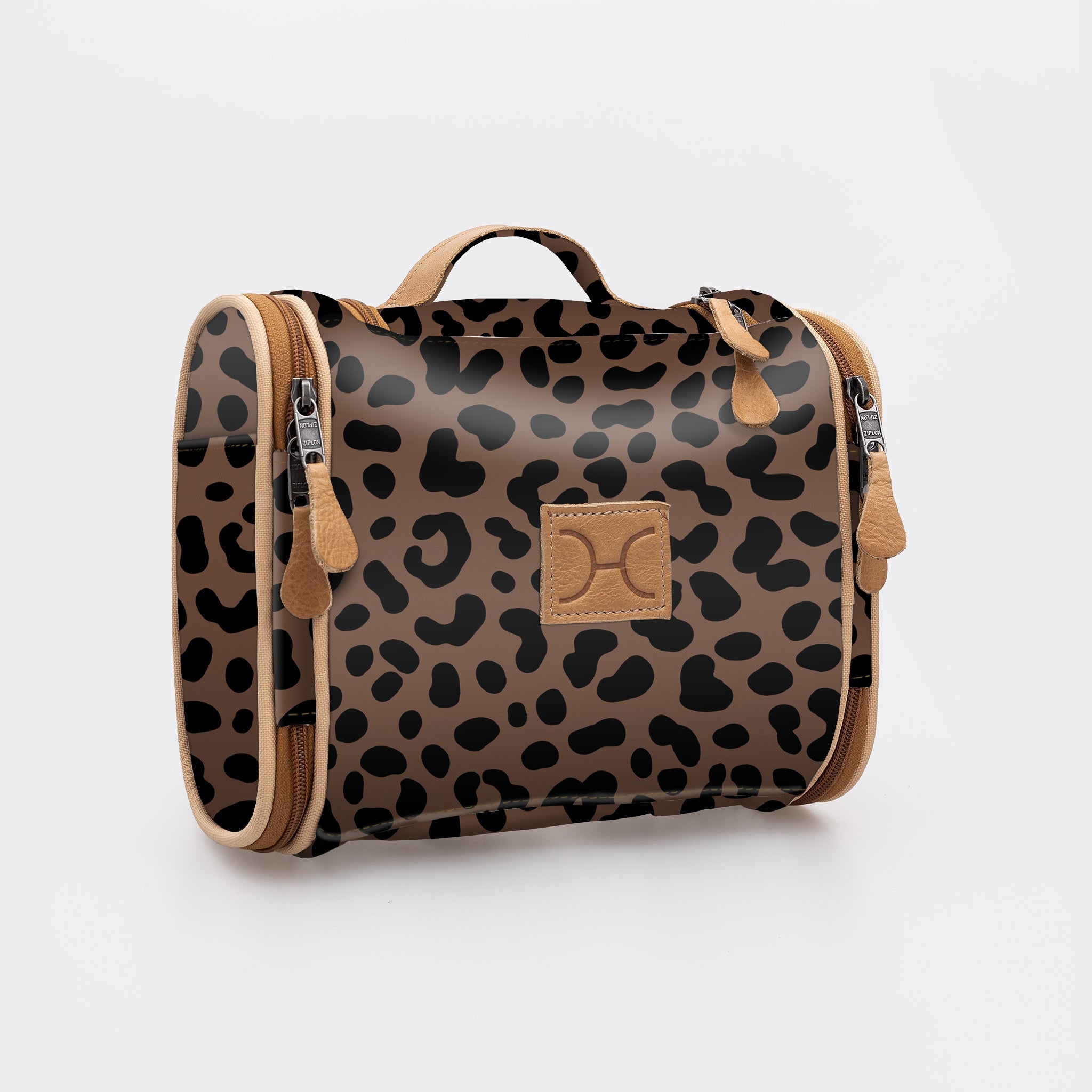 Kids Compact Travel Vanity | Laminated Fabric with Genuine Leather Cheetah - Coffee Vanity Fabric by Thandana