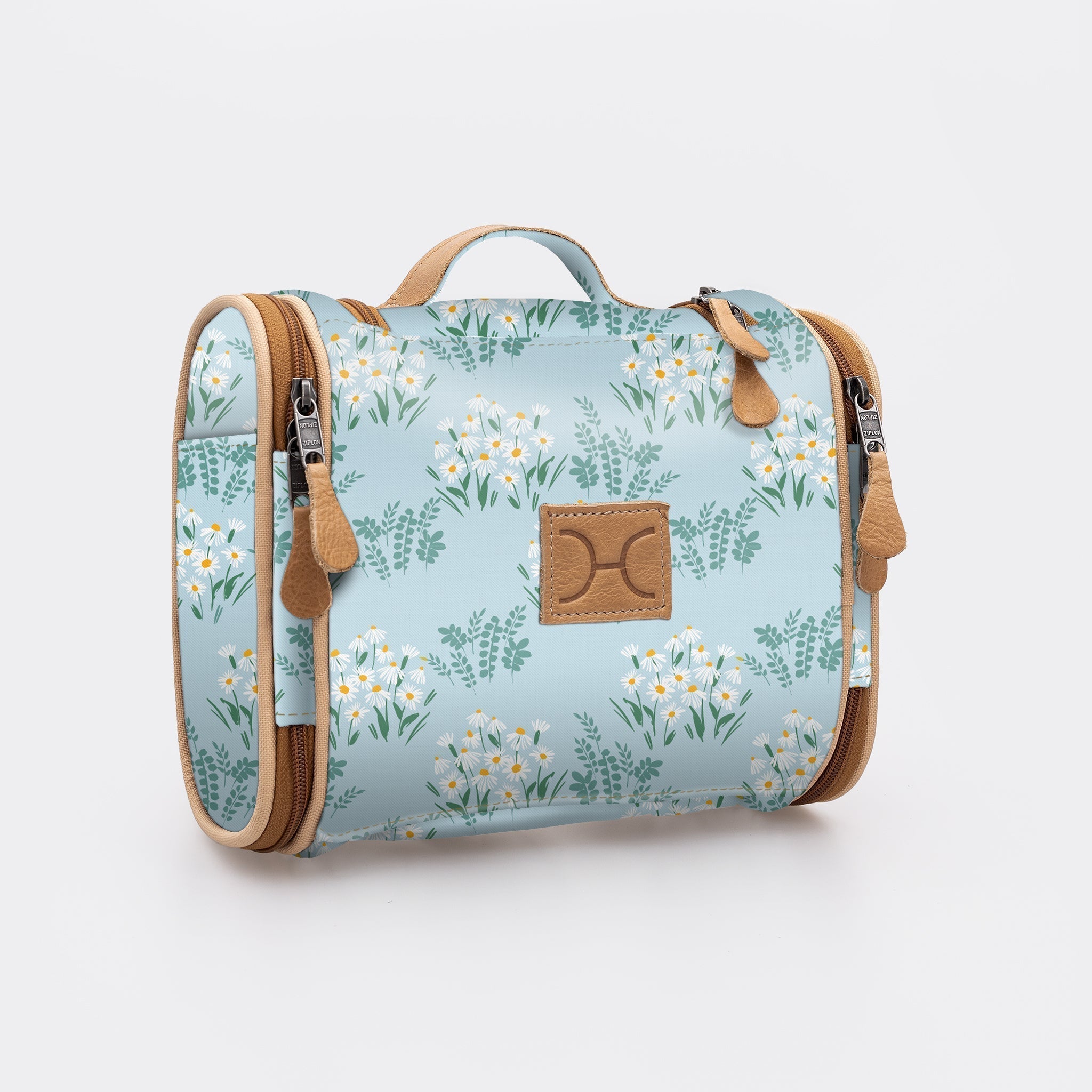 Kids Compact Travel Vanity | Laminated Fabric with Genuine Leather Crazy Daisy - Sage Vanity Fabric by Thandana