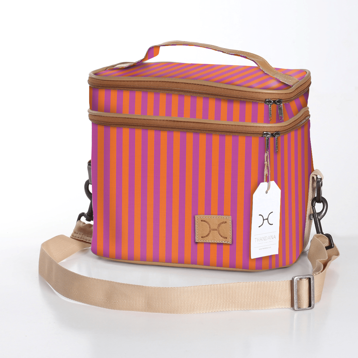 Kids Double Decker Cooler | Laminated Fabric with Genuine Leather Linear - Preppy / Chunky Zip Double Decker Cooler Bag