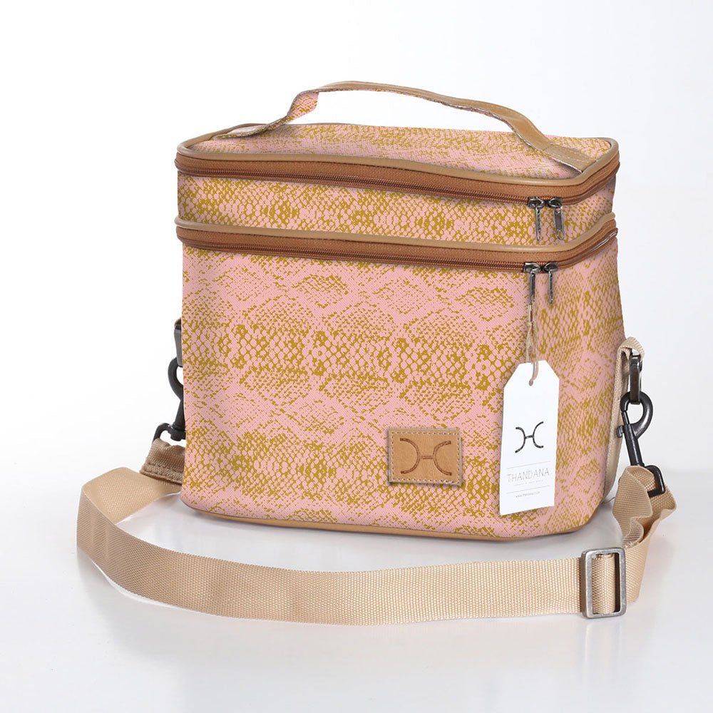 Kids Double Decker Cooler | Laminated Fabric with Genuine Leather Python - Bloom / Chunky Zip Double Decker Cooler Bag