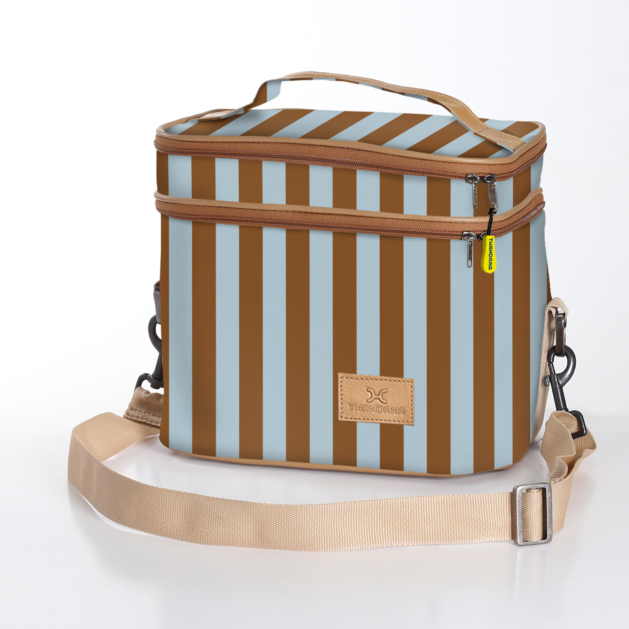 Kids Double Decker Cooler | Laminated Fabric with Genuine Leather Coastal Stripe - Blue / Chunky Zip Double Decker