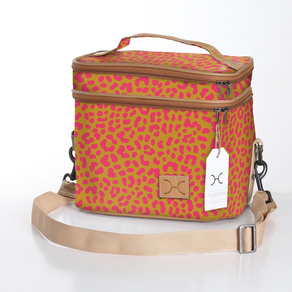 Kids Double Decker Cooler | Laminated Fabric with Genuine Leather Cheetah - Preppy / Chunky Zip Double Decker Cooler