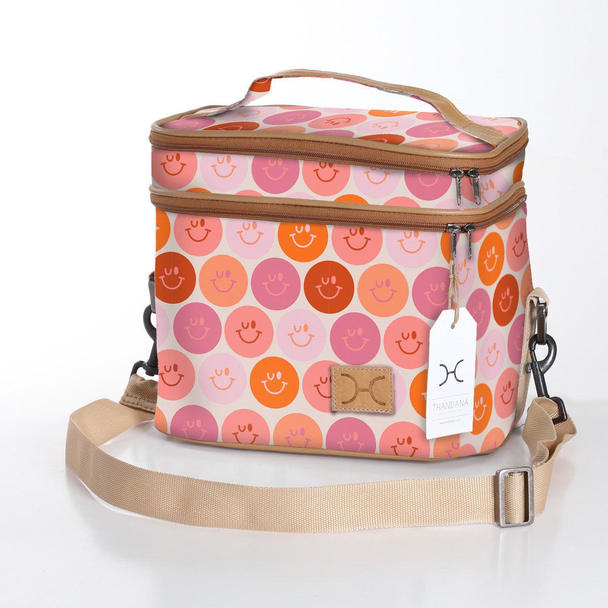 Kids Double Decker Cooler | Laminated Fabric with Genuine Leather Smiley - Blush / Chunky Zip Double Decker Cooler Bag