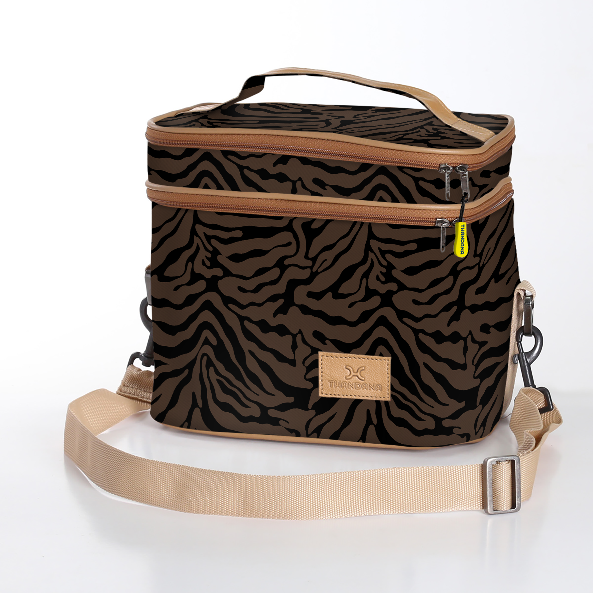 Kids Double Decker Cooler | Laminated Fabric with Genuine Leather Nomad Stripe - Coffee / Chunky Zip Double Decker