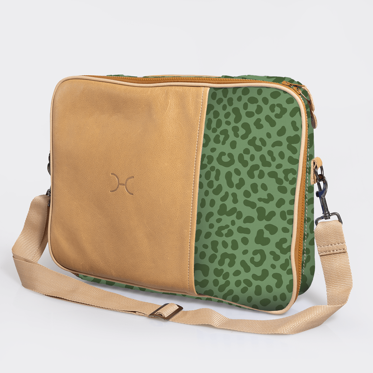 Kids Essential Laptop Bag 15’ | Laminated Fabric with Genuine Leather Cheetah - Olive Laptop Fabric Bag by Thandana