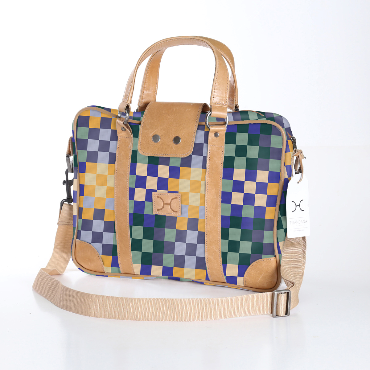Kids Laptop Bag 15’ | Laminated Fabric with Genuine Leather Checker - Jet Laptop Fabric Bag by Thandana