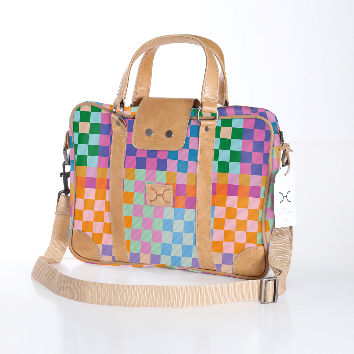 Kids Laptop Bag 15’ | Laminated Fabric with Genuine Leather Checker - Preppy Laptop Fabric Bag by Thandana